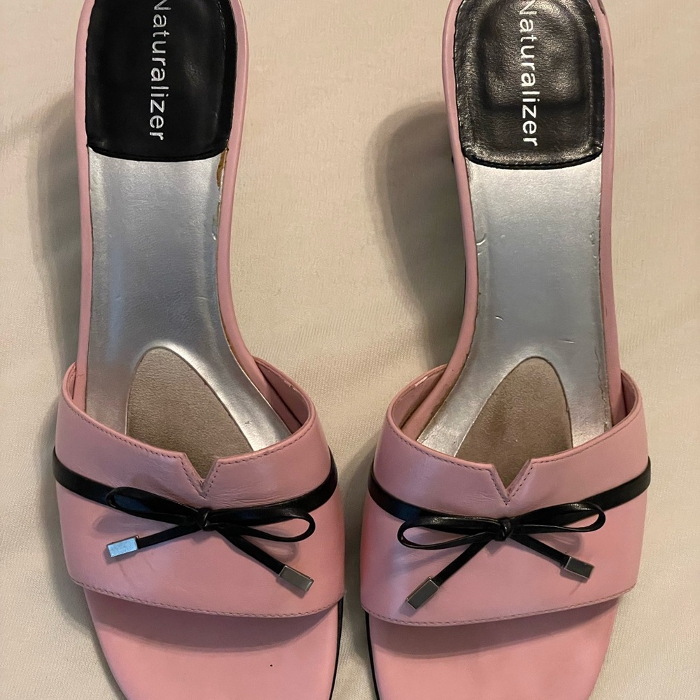 Naturalizer Pink Slide Mules with Black Bow Accent